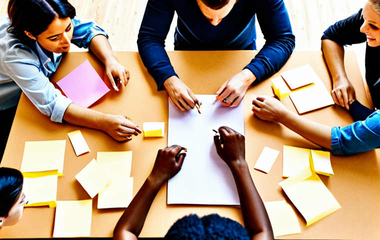 **
A diverse group of people collaboratively brainstorming, surrounded by sticky notes filled with ideas. The atmosphere is positive and supportive, showcasing teamwork, communication, and mutual respect. Soft, bright lighting to emphasize creativity.
**