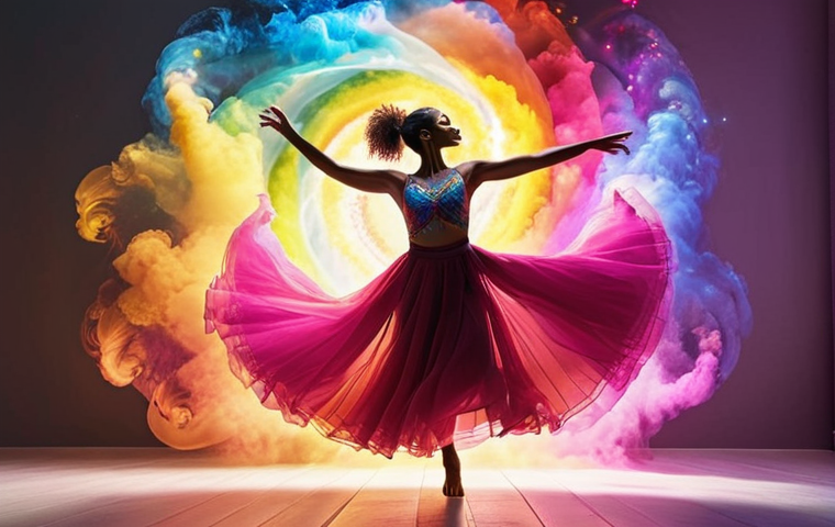 ** A dancer expressing freedom and joy through movement, surrounded by a vibrant, colorful aura.

**