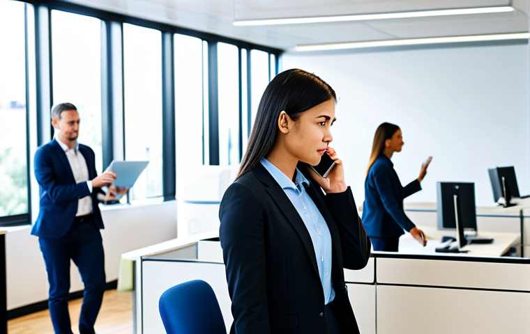 A diverse group of office professionals subtly incorporating spontaneous movement into their workday. They are dressed in modern, modest business attire within a brightly lit, contemporary open-plan office with standing desks and ergonomic chairs. One person is walking casually while on a phone call, another is stretching gently by their desk, and a third is walking towards a water cooler in the distance. The atmosphere is productive and calm. Professional photography, soft natural lighting, high detail, sharp focus, perfect anatomy, correct proportions, natural pose, well-formed hands, proper finger count, natural body proportions. Fully clothed, appropriate attire, modest clothing, safe for work, appropriate content, professional.