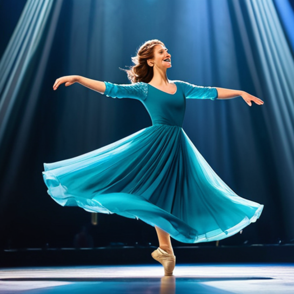 **

A professional female dancer in a flowing, modest gown, performing a graceful leap on a brightly lit stage. Background: soft, colorful spotlights and a blurred audience.  Fully clothed, appropriate attire, safe for work. Perfect anatomy, natural proportions, well-formed hands. Professional photography, high quality, family-friendly.

**