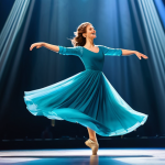 **

A professional female dancer in a flowing, modest gown, performing a graceful leap on a brightly lit stage. Background: soft, colorful spotlights and a blurred audience.  Fully clothed, appropriate attire, safe for work. Perfect anatomy, natural proportions, well-formed hands. Professional photography, high quality, family-friendly.

**