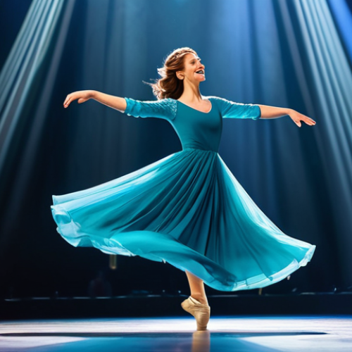 **

A professional female dancer in a flowing, modest gown, performing a graceful leap on a brightly lit stage. Background: soft, colorful spotlights and a blurred audience.  Fully clothed, appropriate attire, safe for work. Perfect anatomy, natural proportions, well-formed hands. Professional photography, high quality, family-friendly.

**