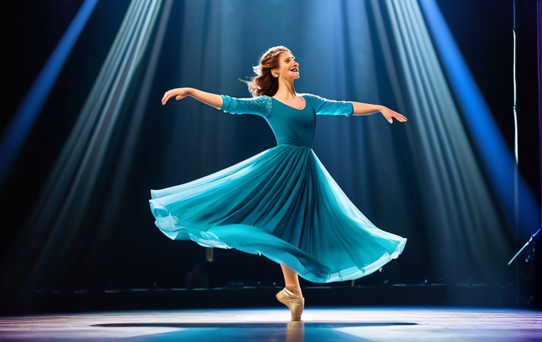 **

A professional female dancer in a flowing, modest gown, performing a graceful leap on a brightly lit stage. Background: soft, colorful spotlights and a blurred audience.  Fully clothed, appropriate attire, safe for work. Perfect anatomy, natural proportions, well-formed hands. Professional photography, high quality, family-friendly.

**