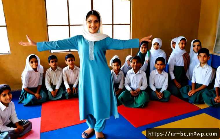 Home 8 즉흥 움직임의 교육적 활용 방안 - Photorealistic Pakistani primary school classroom, a warm female teacher in modest shalwar kameez gu...