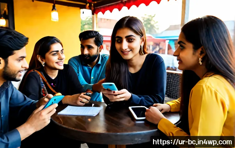 Home 11 즉흥 움직임을 위한 소셜 미디어 활용법 - Photorealistic young Urdu-speaking friends in modest contemporary clothing using smartphones to coor...